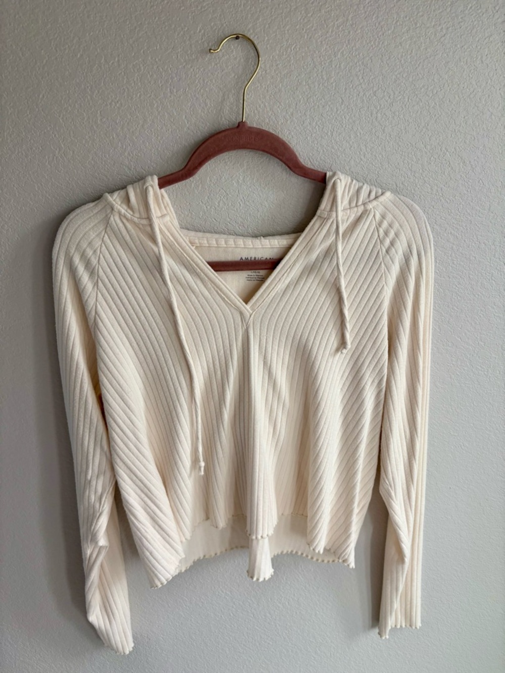 American Eagle Outfitters Cream Ribbed V-Neck Drawstring Hoodie
